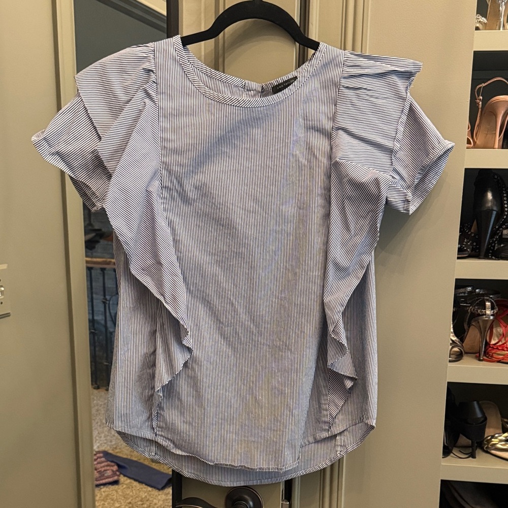 Ann Taylor Light Blue & White Pinstripe Ruffle Sleeve Blouse